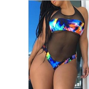  Casual Blue Mesh One-piece Cheeky Swimwear